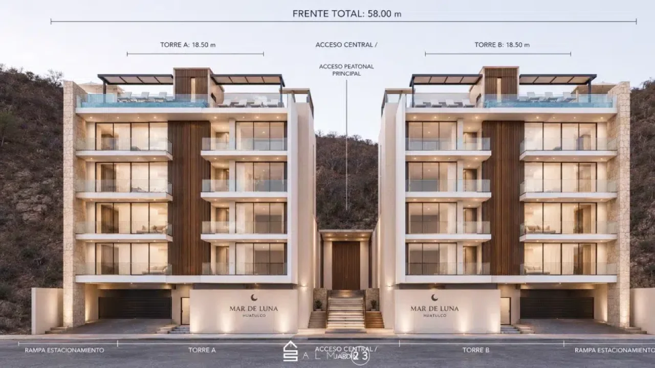 Render conceptual de condominios para mostrar el potencial de desarrollo del terreno comercial en Santa Cruz Huatulco.
